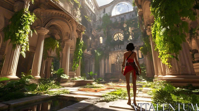 Overgrown Classical Courtyard with Ivy and Light AI Image