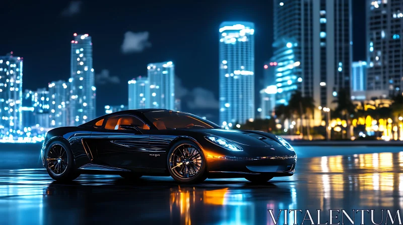 Luxury Supercar with Illuminated Skyline Background AI Image