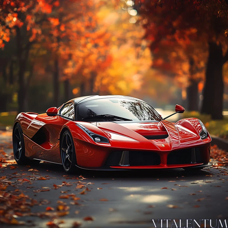 Red Sports Car in Autumn Forest AI Image