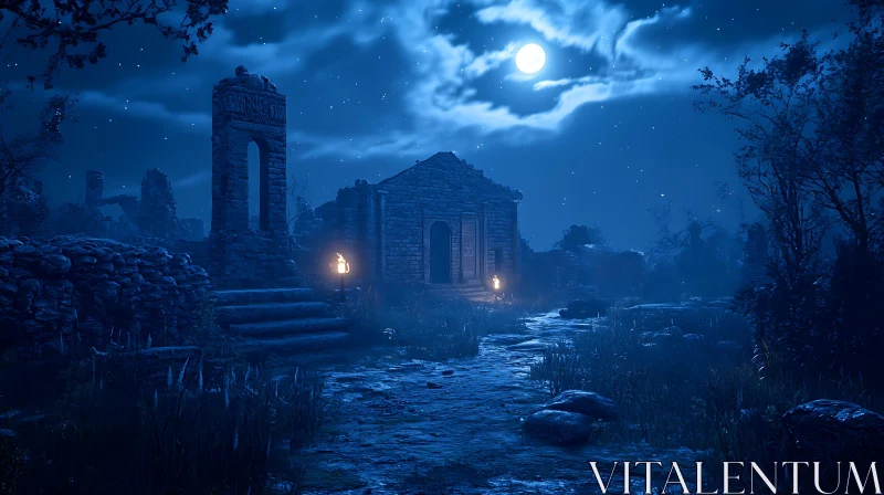 Mystical Night at Ancient Ruins AI Image