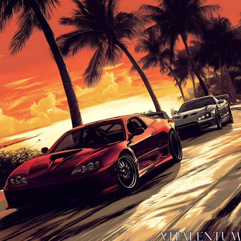 Sunset Drive with High-speed Sports Cars AI Image