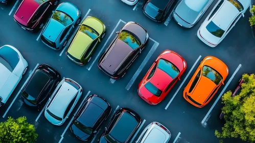 Vibrant Cars Arranged in a Parking Lot from Above