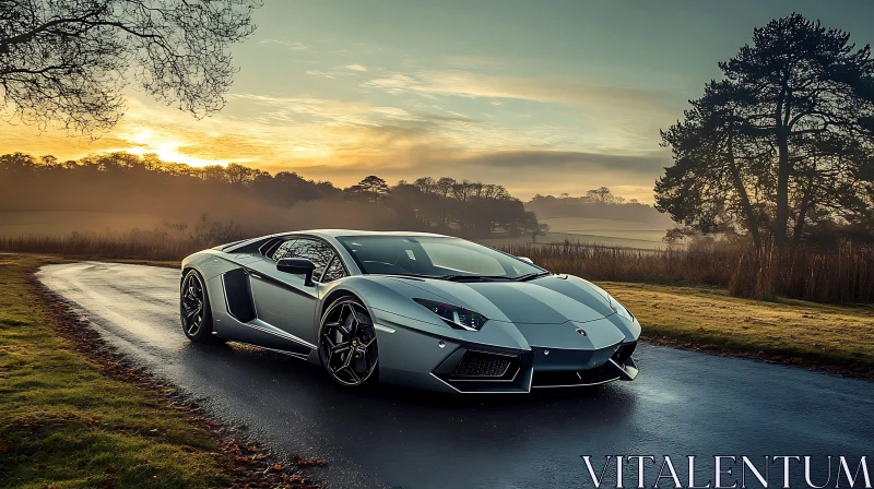 Grey Sports Car at Sunset on Rural Road AI Image