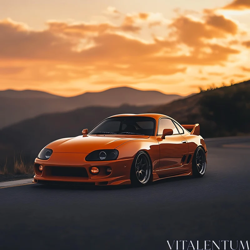 Orange Sports Car in Sunset Mountain Landscape AI Image