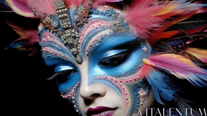 Exquisite Blue and Pink Feathers: A Meticulously Designed Masquerade Mask AI Image