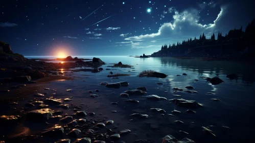 Surreal Nighttime Lakeside Landscape - Starry Sky and Rising Moon Art