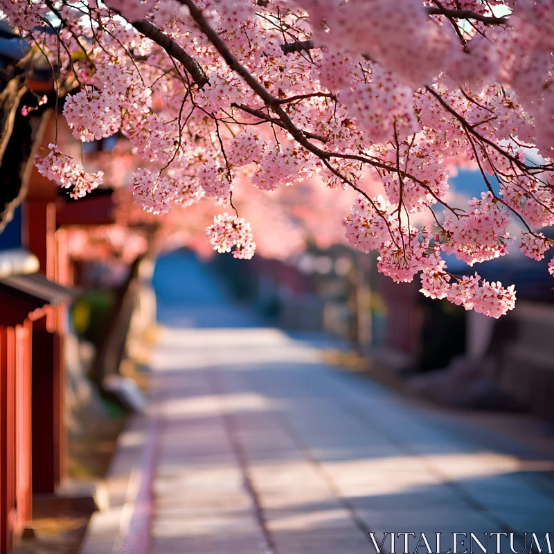 Springtime Cherry Blossom Trees Overhanging a Serene Pathway AI Image