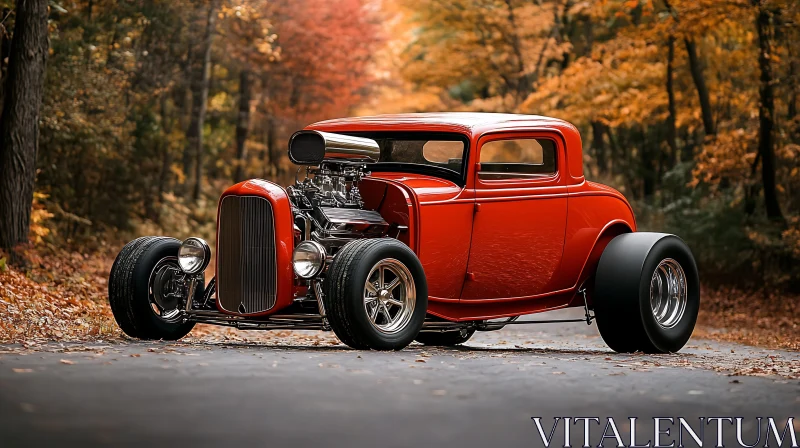 Classic Red Hot Rod with Autumn Leaves Background AI Image