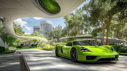 Modern Green Sports Car in a Futuristic Cityscape