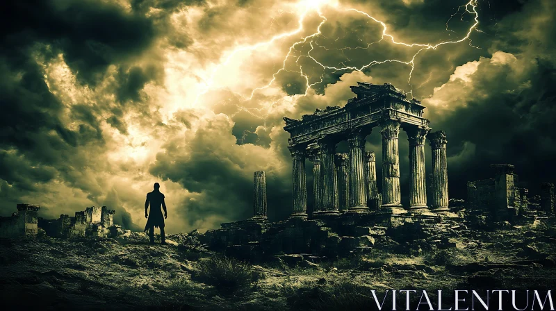 AI ART Mystical Encounter with Ancient Ruins in a Stormy Landscape