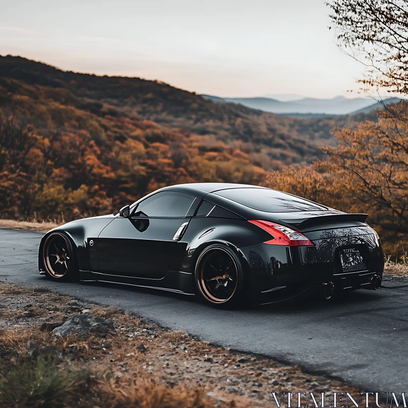 Elegant Black Car in Autumn Countryside AI Image