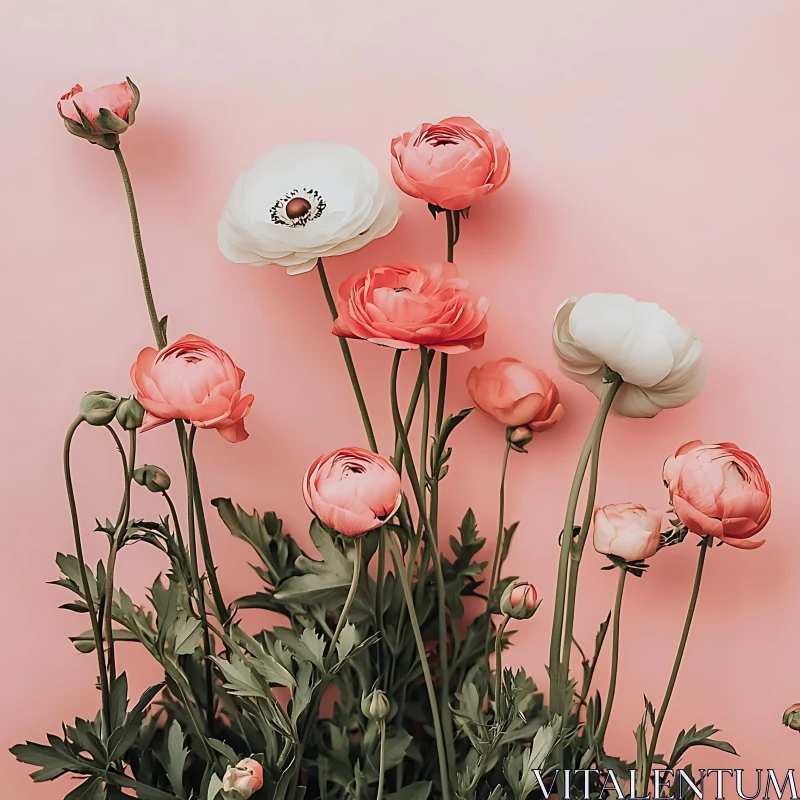 Blossoming Anemones in Pink and White AI Image