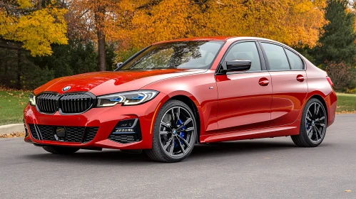 Elegant Red Car with Autumn Leaves