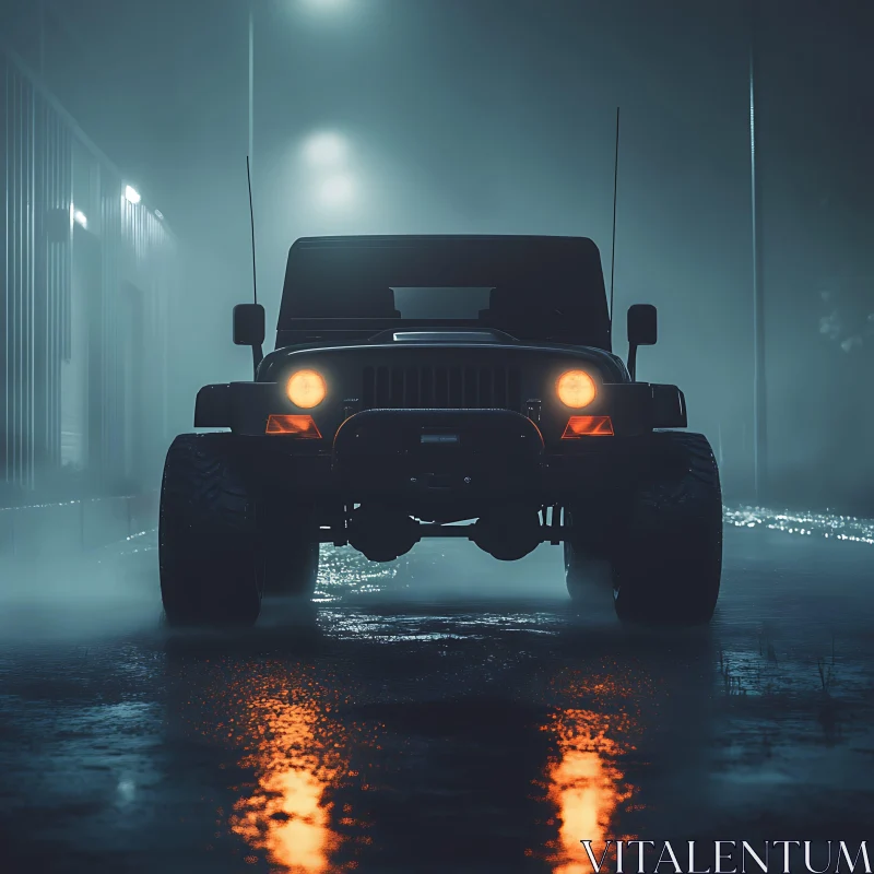 Off-Road Car in Night Fog AI Image