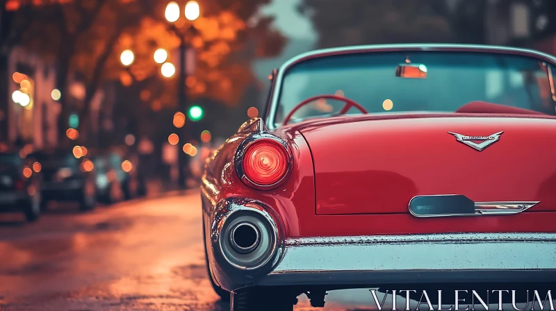 Vintage Red Car with Night Street Lights AI Image