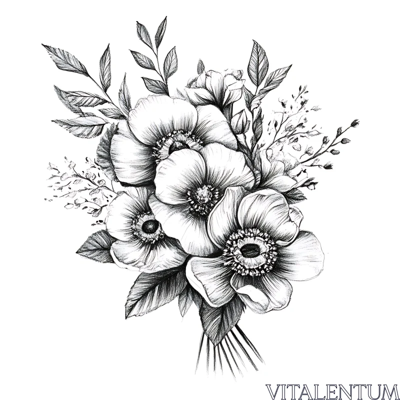 AI ART Detailed Botanical Flower Bouquet Sketch