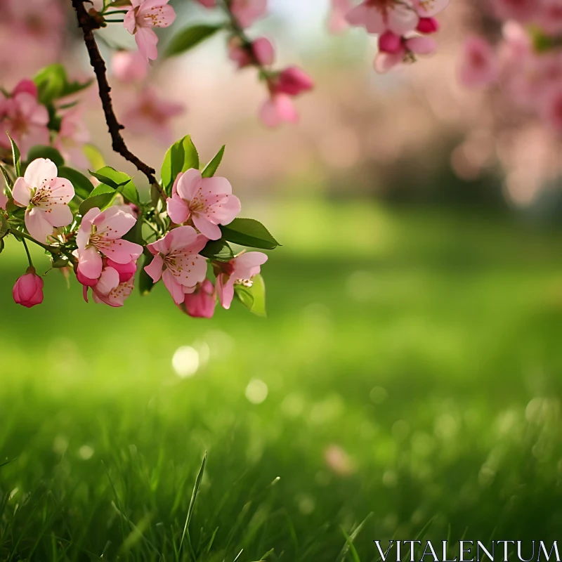 Pink Blossoms Against Green Background AI Image