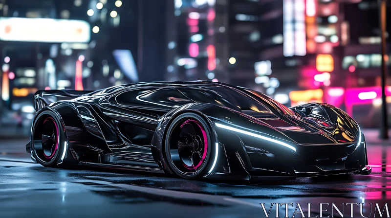 Sleek Black Car in Neon Cityscape AI Image