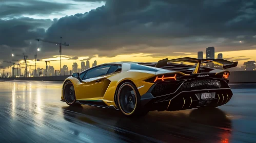 Luxury Yellow Sports Car in City at Sunset