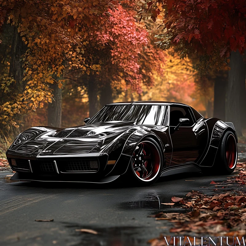 Black Classic Car Amidst Fall Foliage AI Image