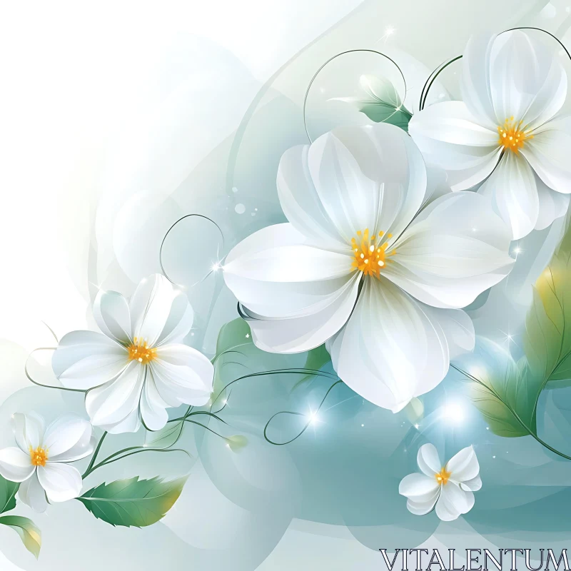 AI ART Delicate White Floral Illustration with Green Leaves