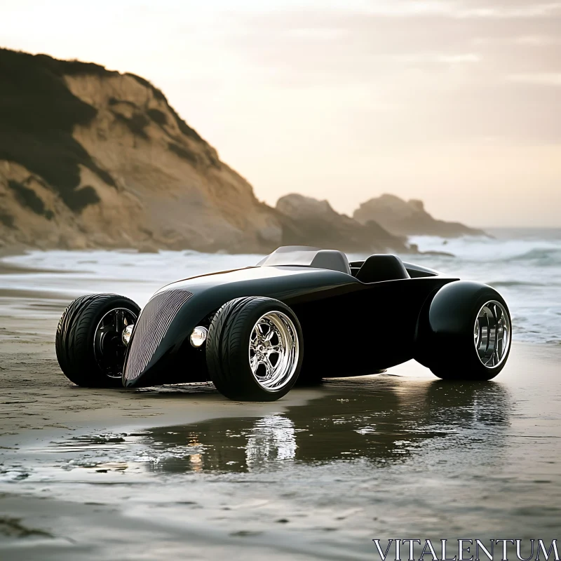 Elegant Black Car at Seaside Sunset AI Image