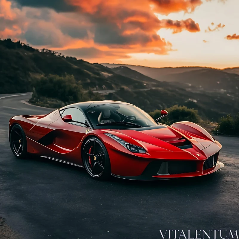 Luxury Supercar Against a Sunset Backdrop AI Image