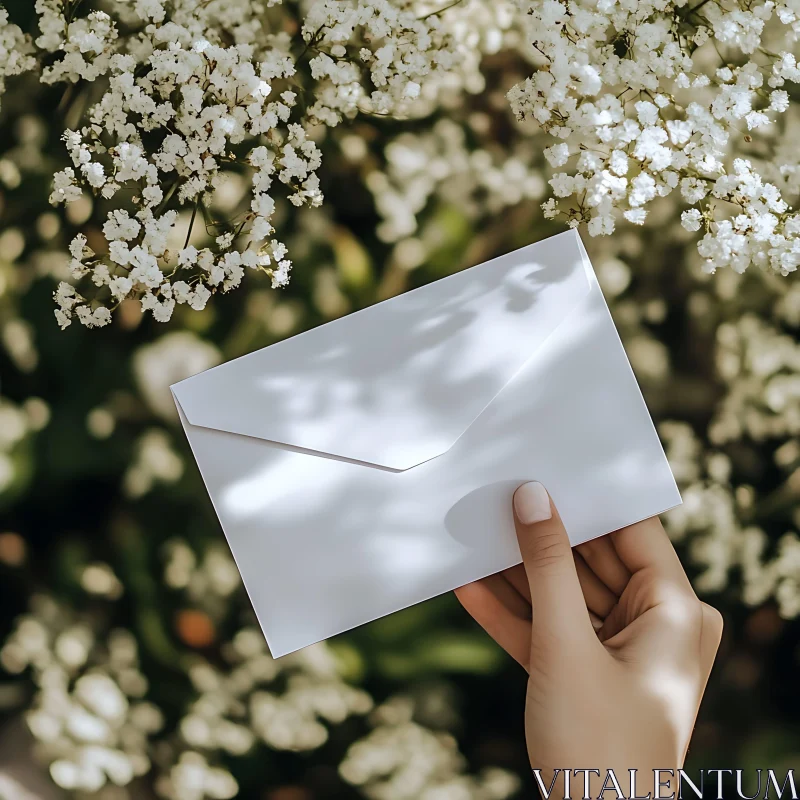 Envelope in Hand with White Blooms | Peaceful Nature AI Image