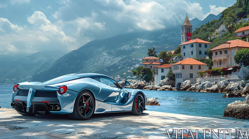 Luxury Supercar at Coastal Mediterranean Town AI Image