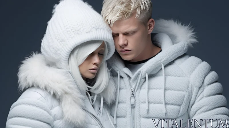 AI ART Captivating Winter Fashion Shoot: Man and Woman in White Fur and Fleece Jackets