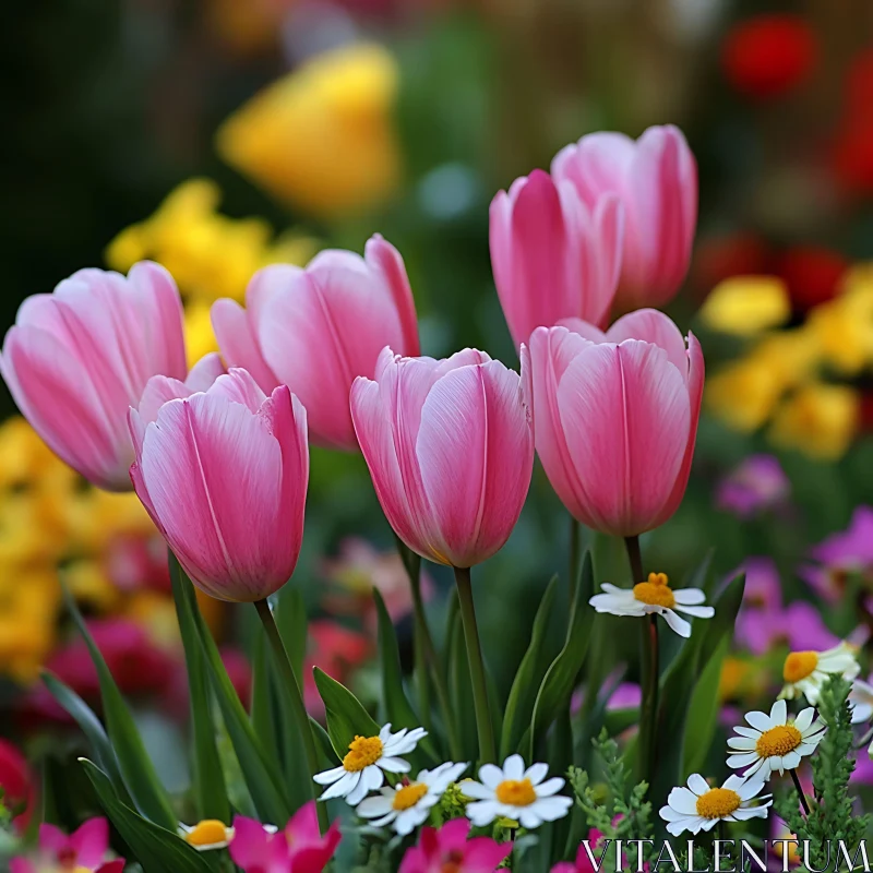 Beautiful Spring Garden with Pink Tulips AI Image