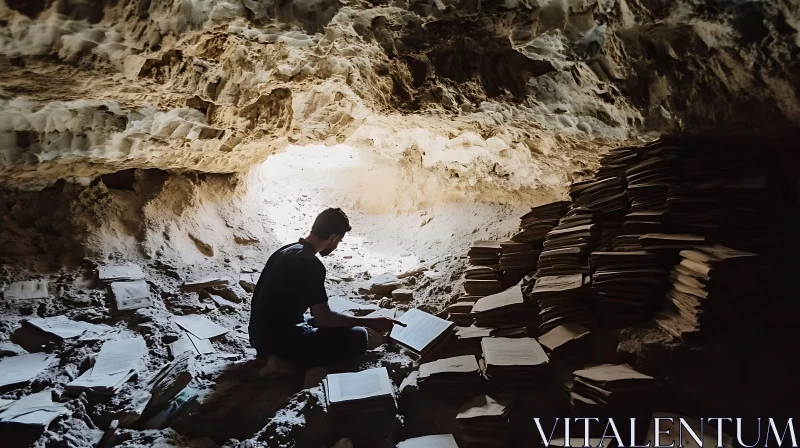 Enigmatic Cave Reading Scene AI Image