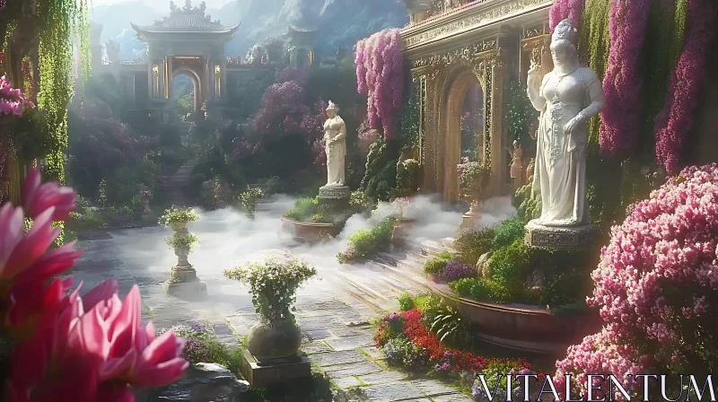 Tranquil Outdoor Sanctuary with Elegant Statues AI Image