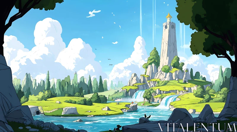 Tower on Hill with Waterfalls and Scenic Surroundings AI Image