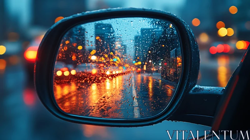 City Lights on Wet Streets Seen Through Car Mirror AI Image