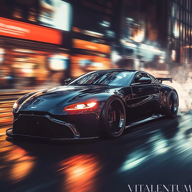 Black Sports Car Racing in Urban Nightscape AI Image