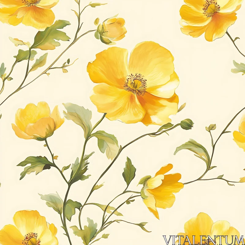 Yellow Blooms with Green Leaves Artistic Illustration AI Image