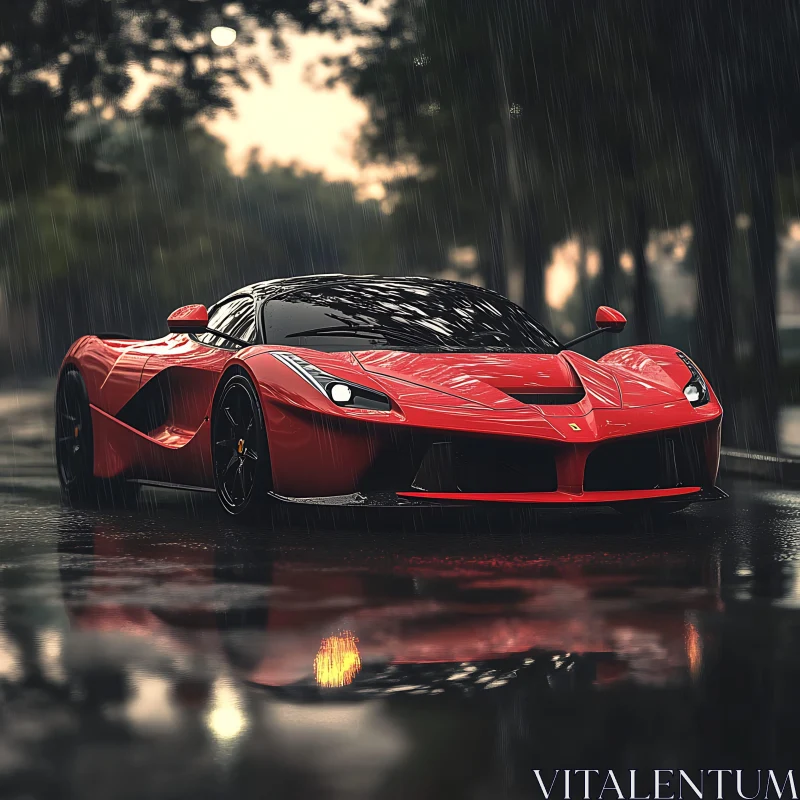 AI ART Elegant Red Car on Wet Street