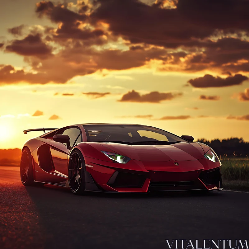 Red Sports Car Amidst Golden Sunset AI Image