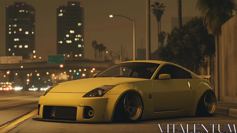 Sleek Yellow Car Parked at Night in the City AI Image