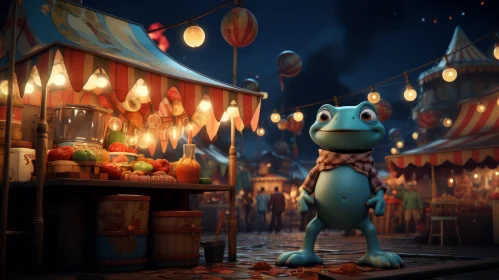Adventurous Frog in Charming Street Market - Festive Atmosphere