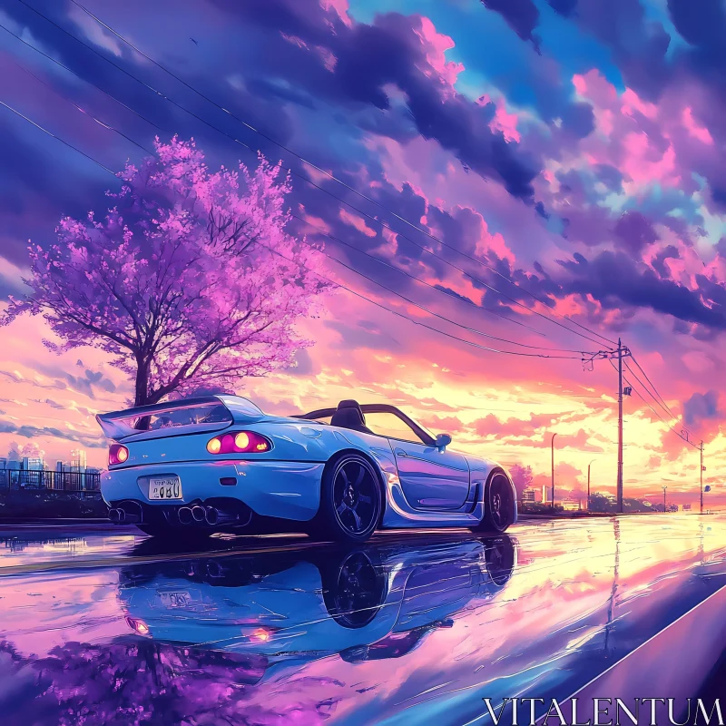 Convertible Car and Cherry Blossom Tree at Sunset AI Image