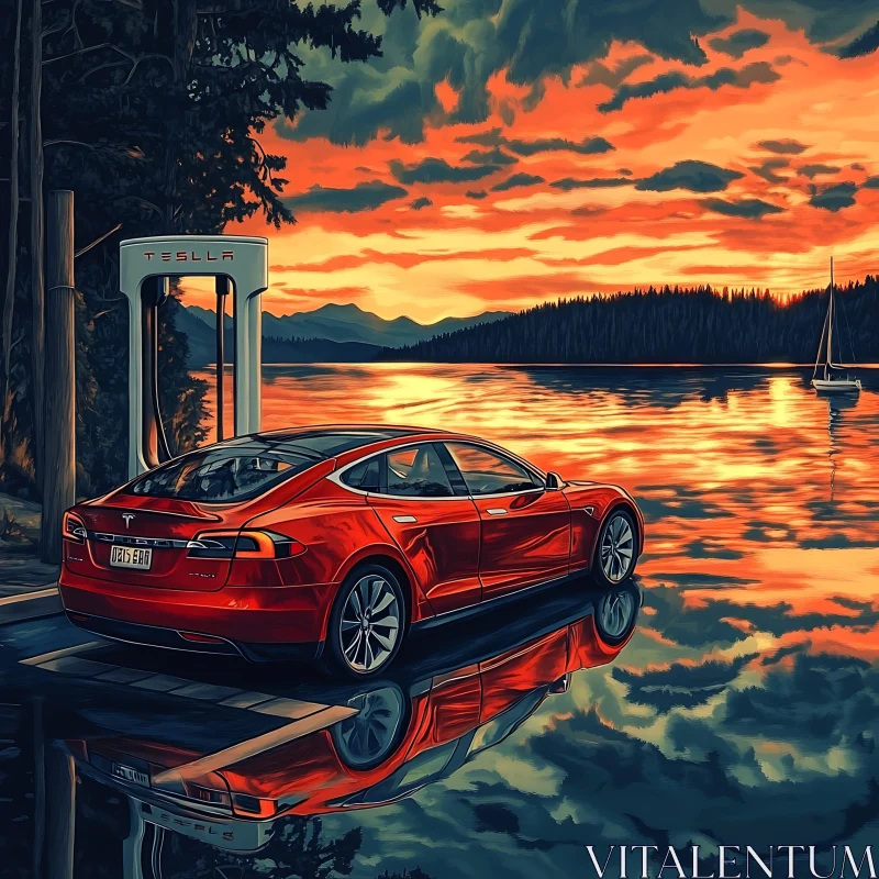 Tesla Charging Station at Sunset by the Lake AI Image