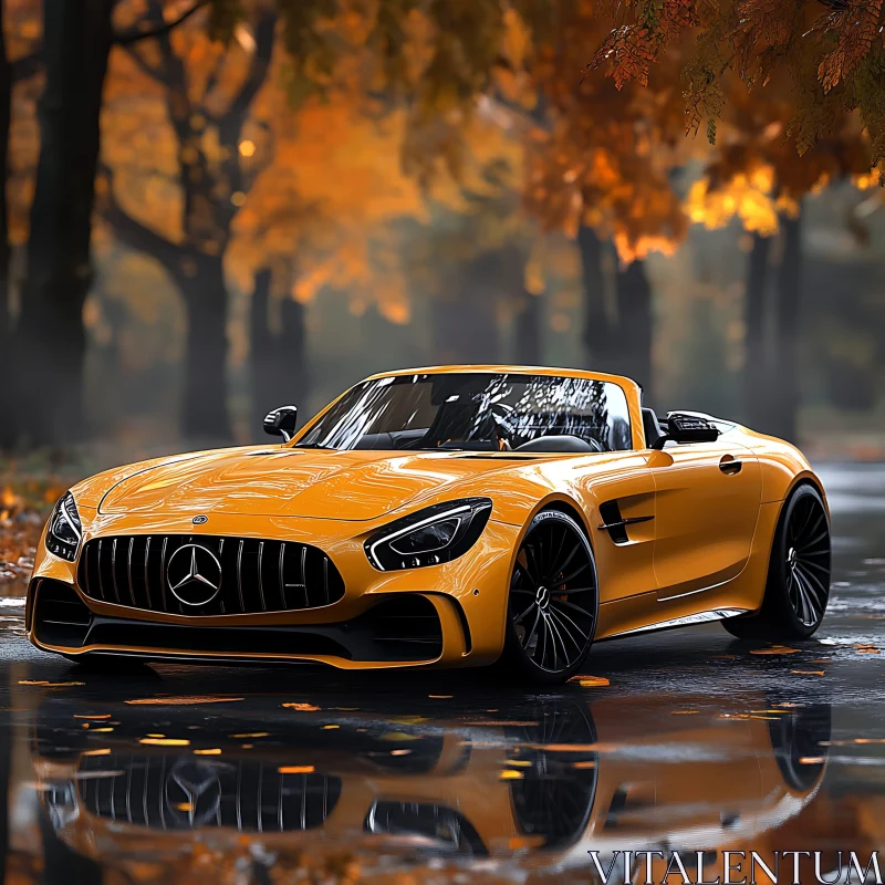 Luxury Yellow Convertible Amidst Fall Foliage AI Image