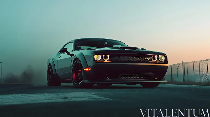 Black Sports Car Driving at Sunset on Empty Road AI Image