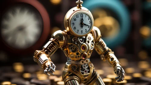 Golden Robot with Clock in Futuristic Victorian Style