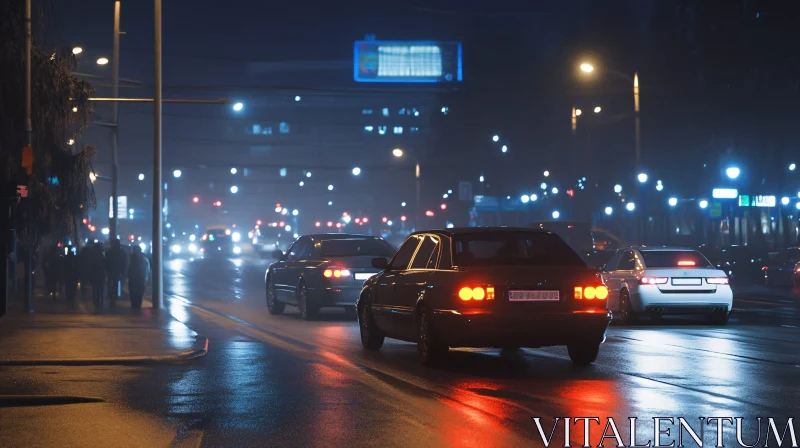 Urban Night Scene with Cars and Lights AI Image