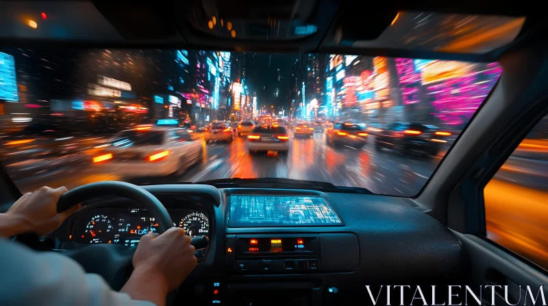 Urban Night Traffic from Car Interior AI Image