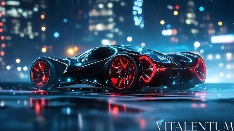 Urban Nightscape with Neon-Lit Futuristic Car AI Image