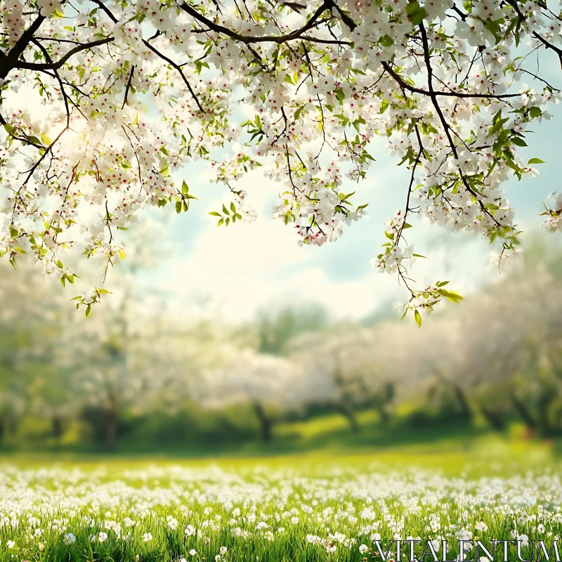 Idyllic Spring Cherry Blossom Meadow AI Image